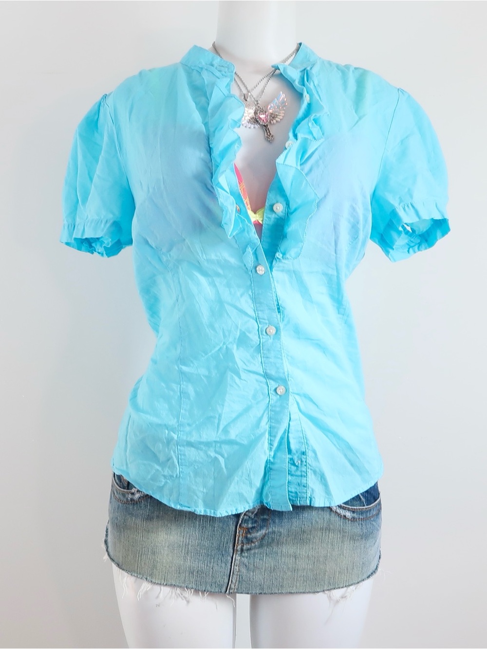 L.L. Bean Light Blue Ruffle-Trim Button Down Blouse